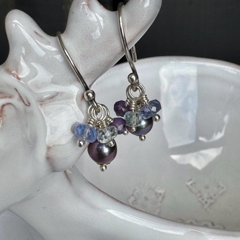 Peacock Pearl Tanzanite Amethyst Aquamarine Dangle Earrings 925SS